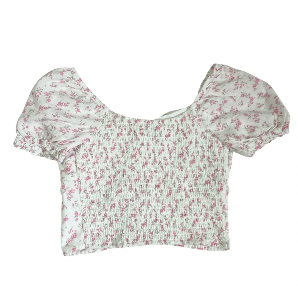 Hollister Floral Puff Sleeve Crop Top Women XS White Pink Smocked Back Coquette - Picture 2 of 5